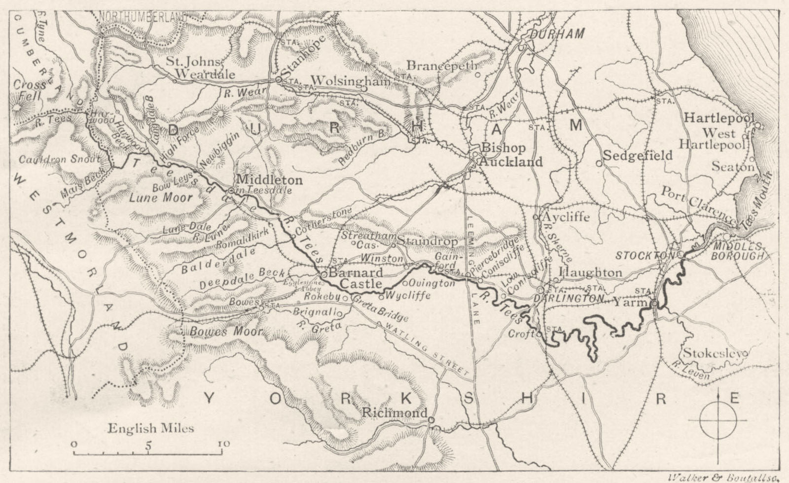 ENGLAND. The Course of the Tees. Sketch map 1901 old antique plan chart